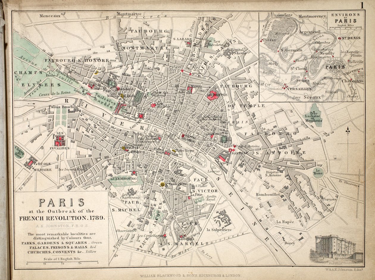 Mapa Paryża w momencie wybuchu rewolucji francuskiej, 1789, wydana przez Williama Blackwood and Sons, Edynburg i Londyn, 1848 (rycina ręcznie kolorowana) autorstwa Alexander Keith Johnston
