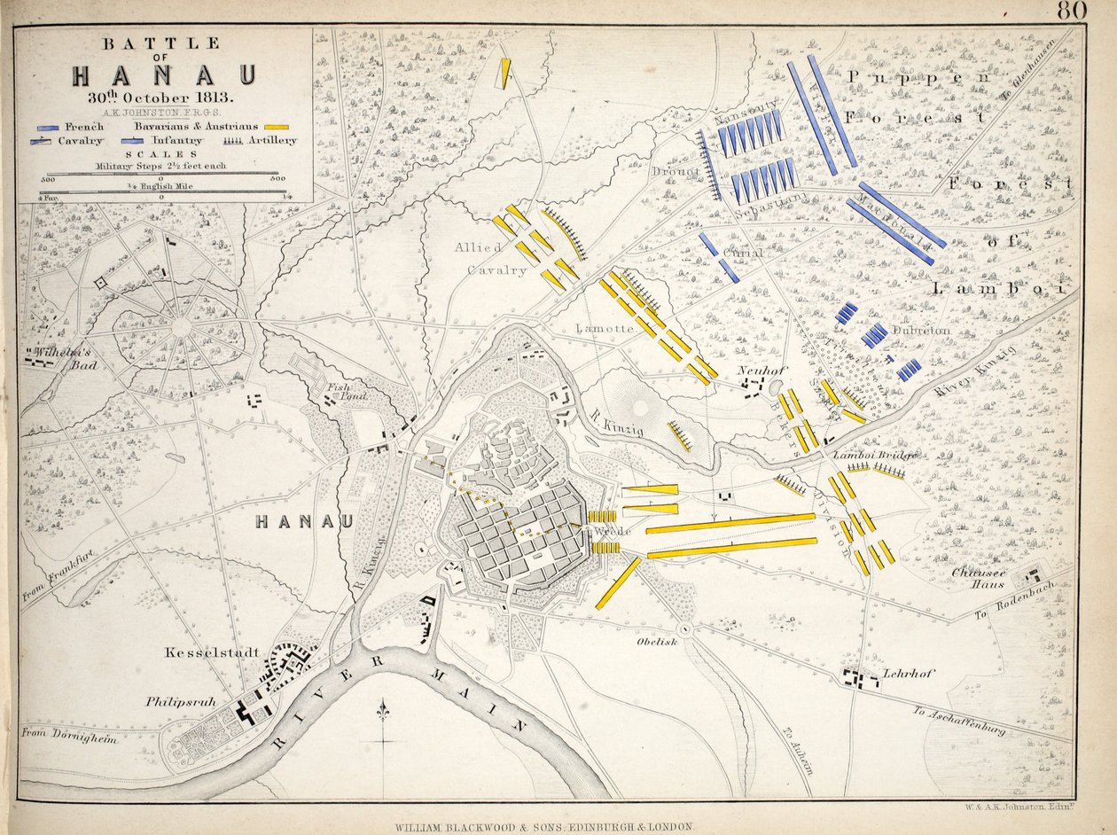 Mapa bitwy pod Hanau, wydana przez William Blackwood and Sons, Edinburgh i Londyn, 1848 (rycina ręcznie kolorowana) autorstwa Alexander Keith Johnston