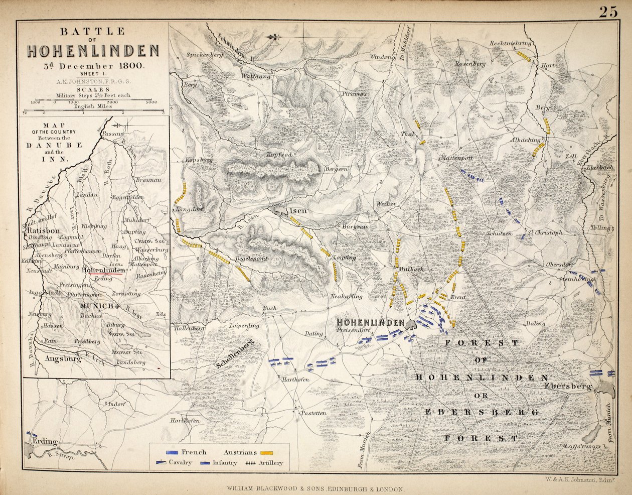 Mapa bitwy pod Hohenlinden, opublikowana przez Williama Blackwooda i Synów, Edynburg i Londyn, 1848 (rycina ręcznie kolorowana) autorstwa Alexander Keith Johnston