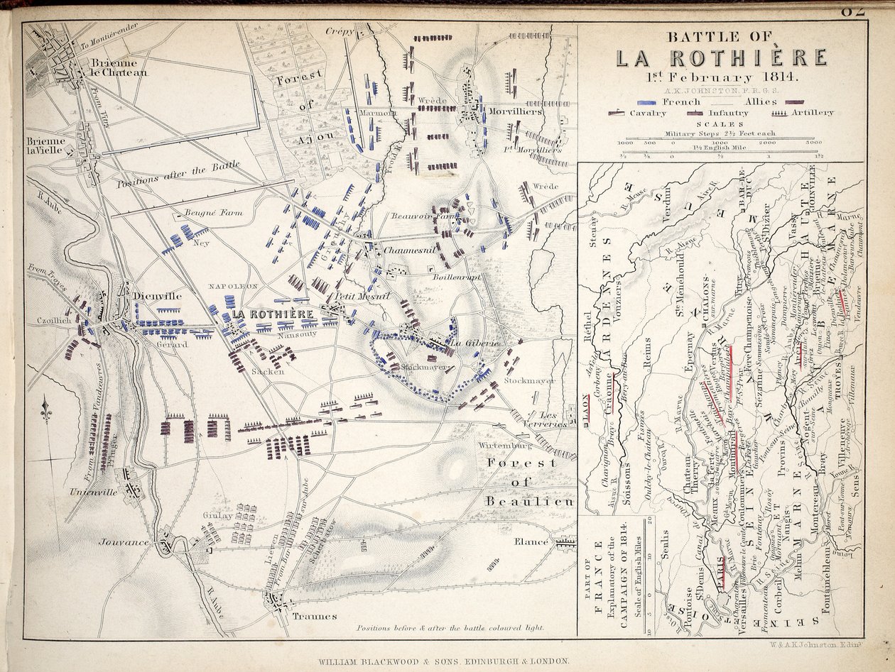 Mapa bitwy pod La Rothiere, opublikowana przez Williama Blackwooda i Synów, Edynburg i Londyn, 1848 (rycina ręcznie kolorowana) autorstwa Alexander Keith Johnston