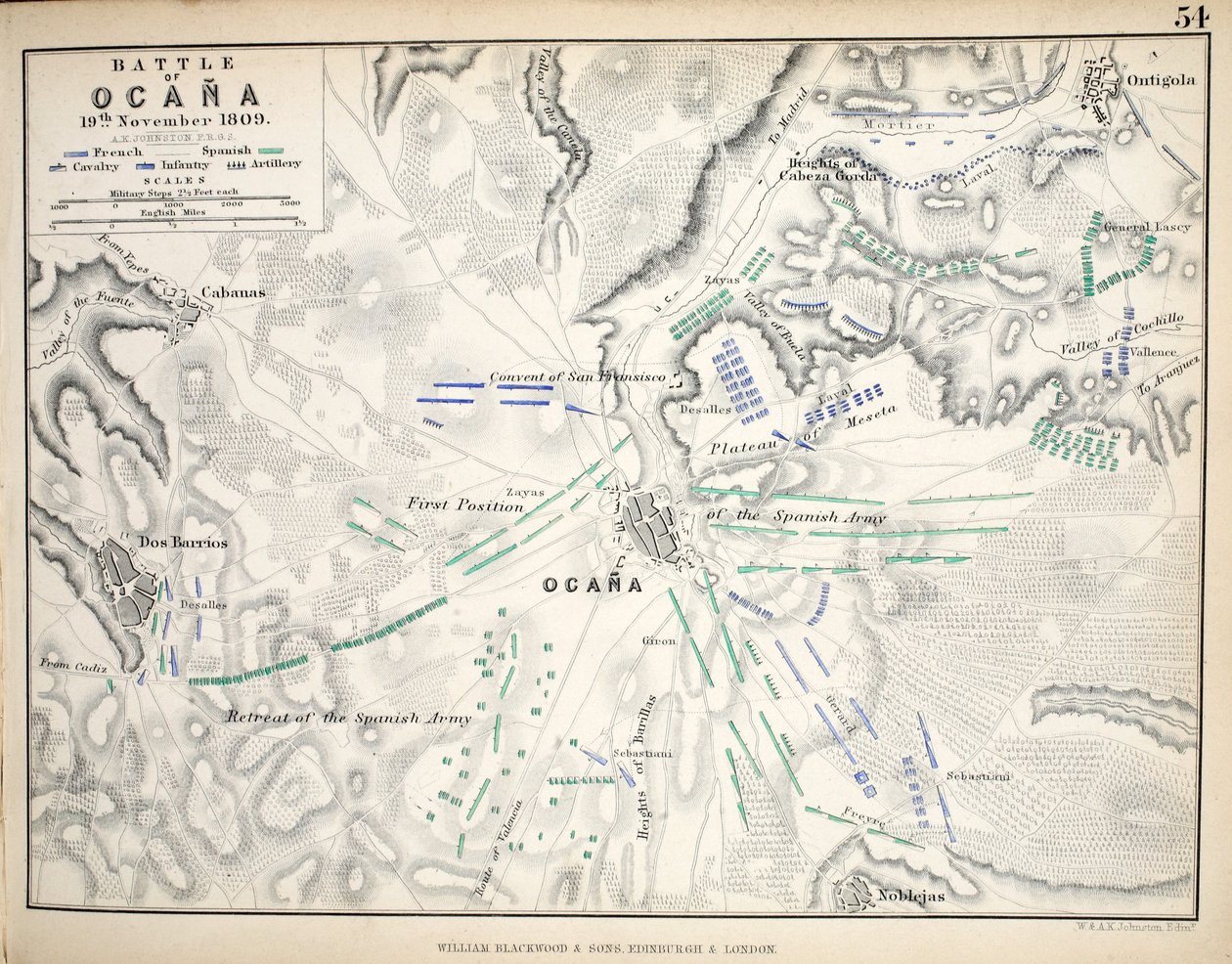 Mapa bitwy pod Ocaną, opublikowana przez Williama Blackwooda i Synów, Edynburg i Londyn, 1848 (rycina ręcznie kolorowana) autorstwa Alexander Keith Johnston