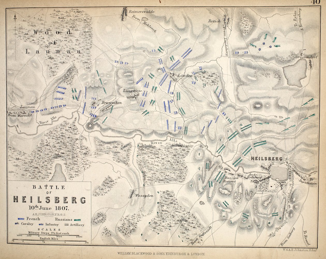 Mapa Heilsbergu, wyd. William Blackwood and Sons, Edynburg i Londyn, 1848 (rycina ręcznie kolorowana) autorstwa Alexander Keith Johnston