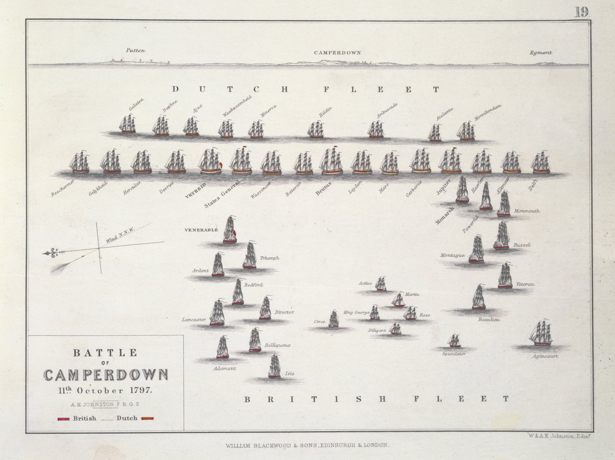 Plan bitwy pod Camperdown, 11 października 1797, ok. 1830 autorstwa Alexander Keith Johnston