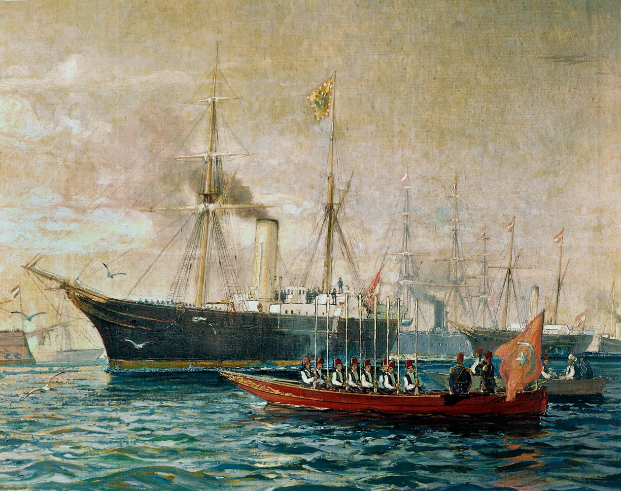 Przybycie cesarza Franciszka Józefa I na pokładzie HMS Greif do Port Said na otwarcie Kanału Sueskiego ... (obraz na płótnie) autorstwa Alexander Kirchner