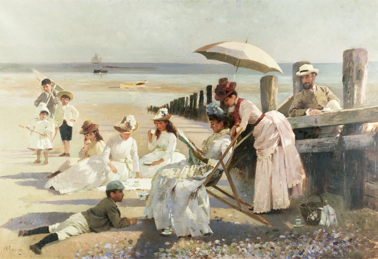 Na brzegach Bognor Regis - Grupa portretowa pary z Harford i ich dzieci, 1887 autorstwa Alexander M. Rossi