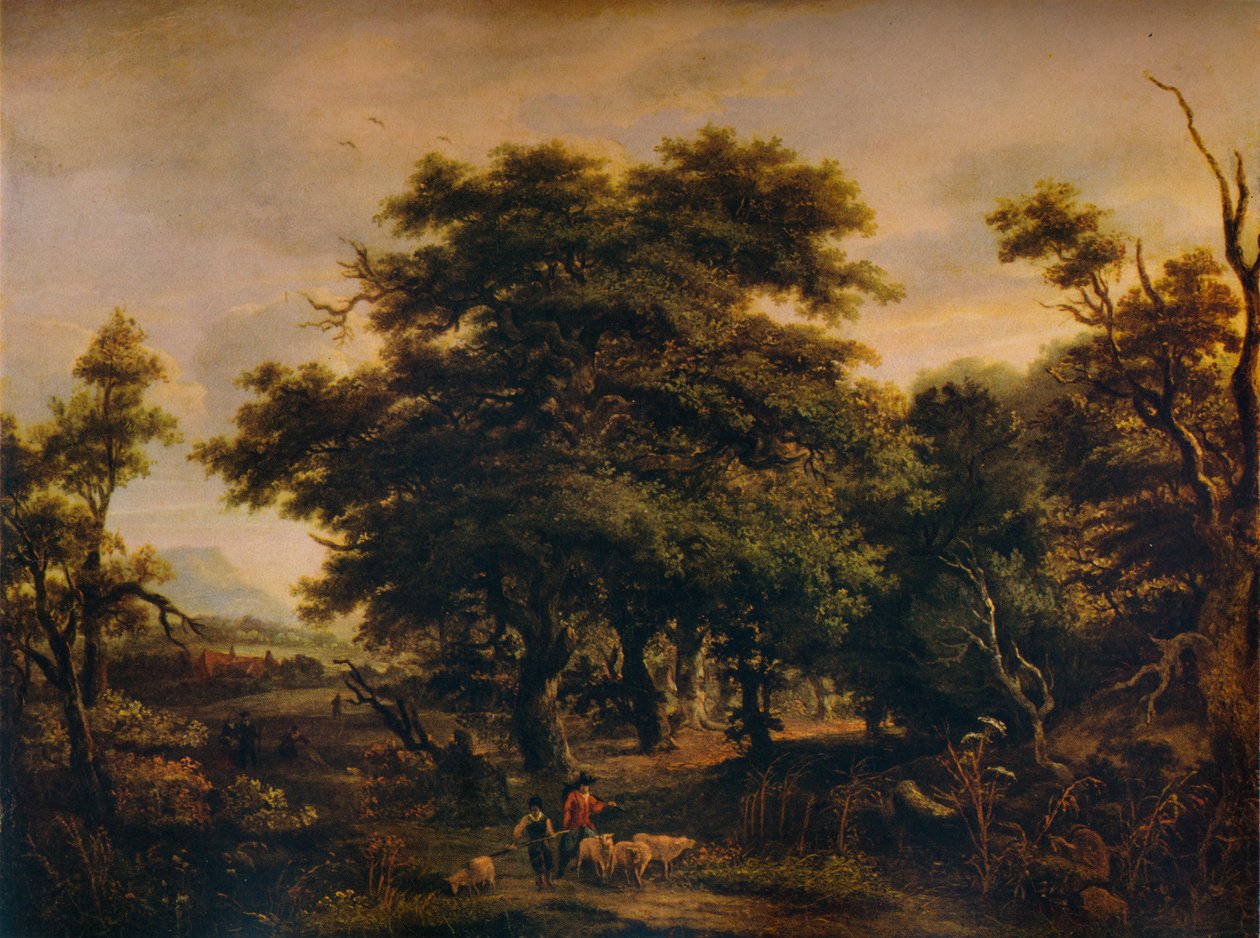 Leśny krajobraz z postaciami i owcami, ok. 1805 r. autorstwa Alexander Nasmyth