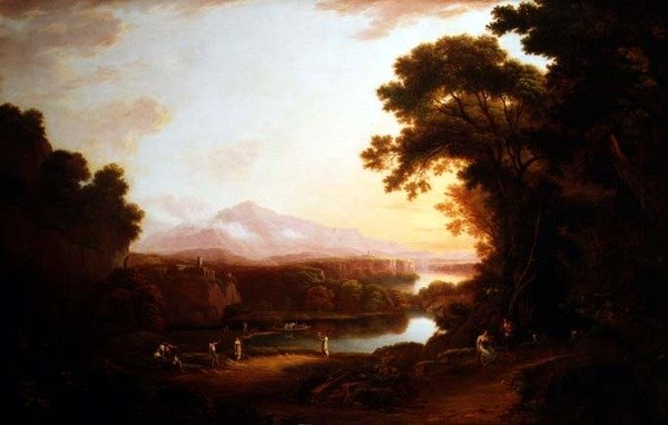 Włoski pejzaż z tańczącymi chłopami (olej na płótnie) autorstwa Alexander Nasmyth