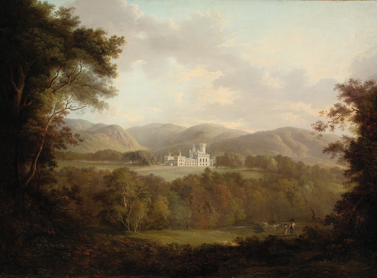 Widok zamku Dreghorn, Midlothian, z postaciami i wozem z sianem na pierwszym planie (olej na płótnie) autorstwa Alexander Nasmyth