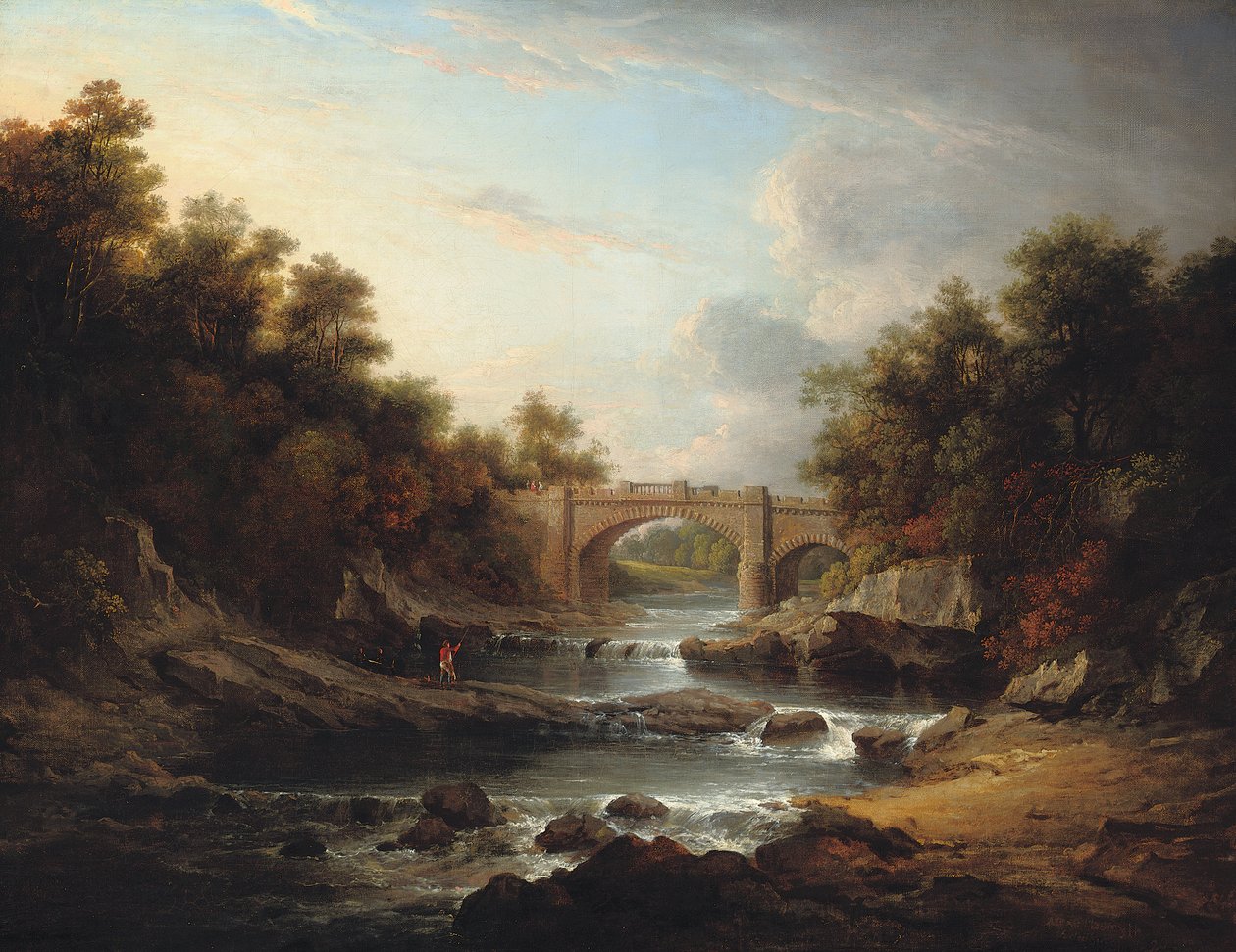 Widok na rzekę Almond, niedaleko Edynburga, z mostem Almondell i rybakiem autorstwa Alexander Nasmyth