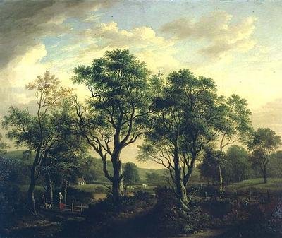 Zalesiony krajobraz rzeki z postaciami i bydłem (olej na płótnie) autorstwa Alexander Nasmyth