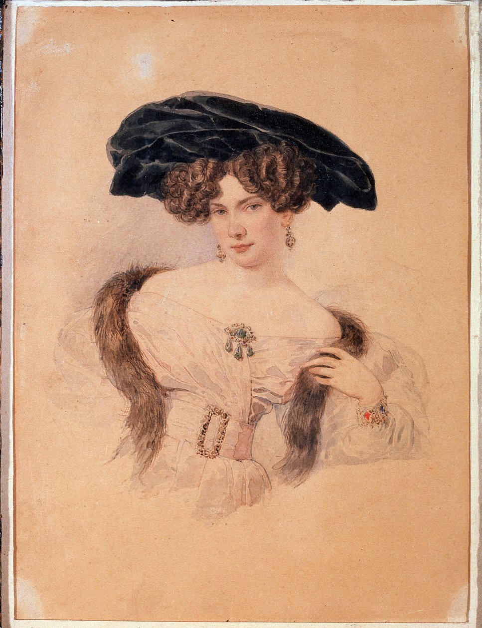 Portret artysty Yevdokiya Bakuniny (1793-1882) w czarnym berecie (Portret artysty Yevdokiya Bakuniny w czarnym berecie). Grafika Aleksandra Pawłowicza Briulłowa (Alexander Briullov) (1798-1877). Akwarela na papierze autorstwa Alexander Pavlovich Briullov