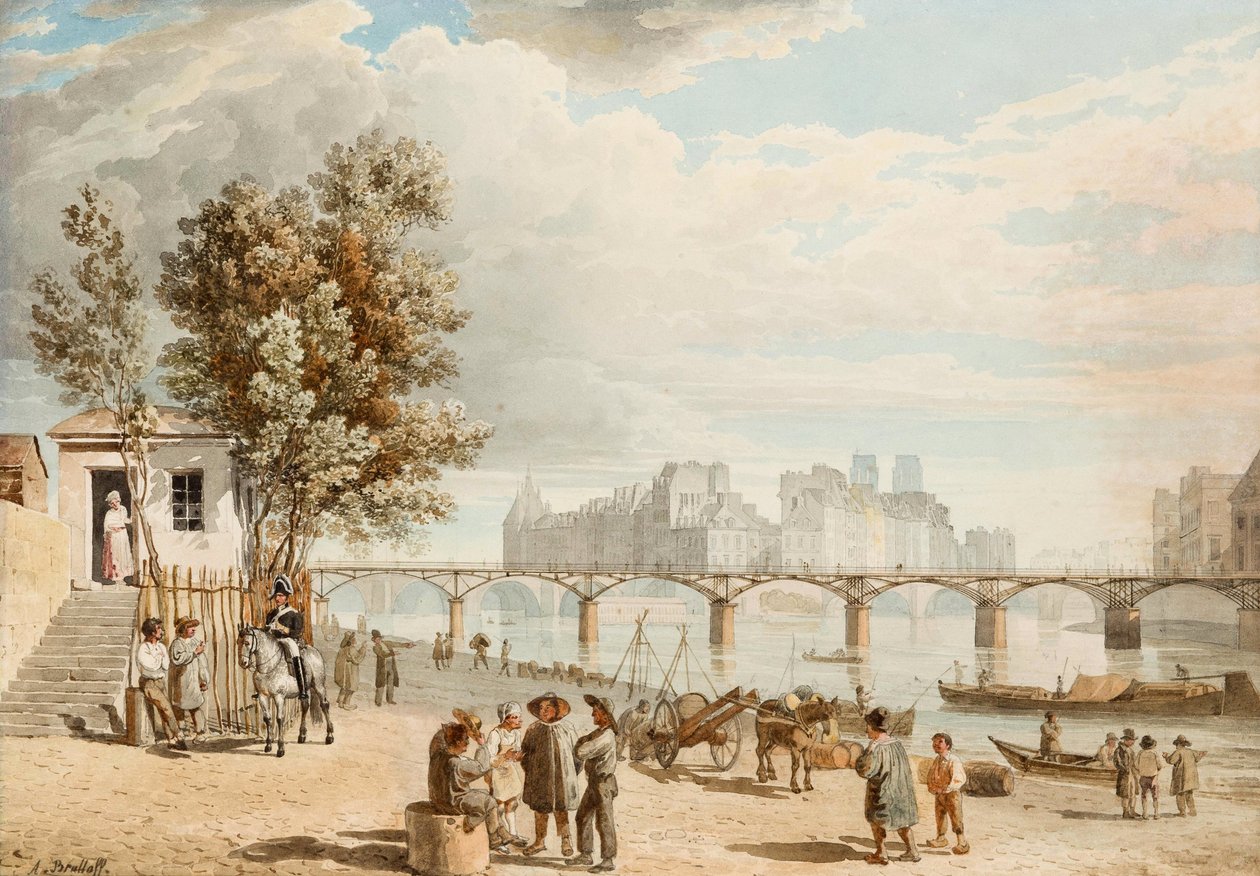 Vue de Paris - Pont des Arts (Francja) (Widok Paryża) - Dzieło Aleksandra Pawłowicza Briulłowa (Alexandre Brioullov) (1798-1877), akwarela na papierze (21x30 cm), sztuka rosyjska XIX wiek, romantyzm - Kolekcja prywatna autorstwa Alexander Pavlovich Briullov