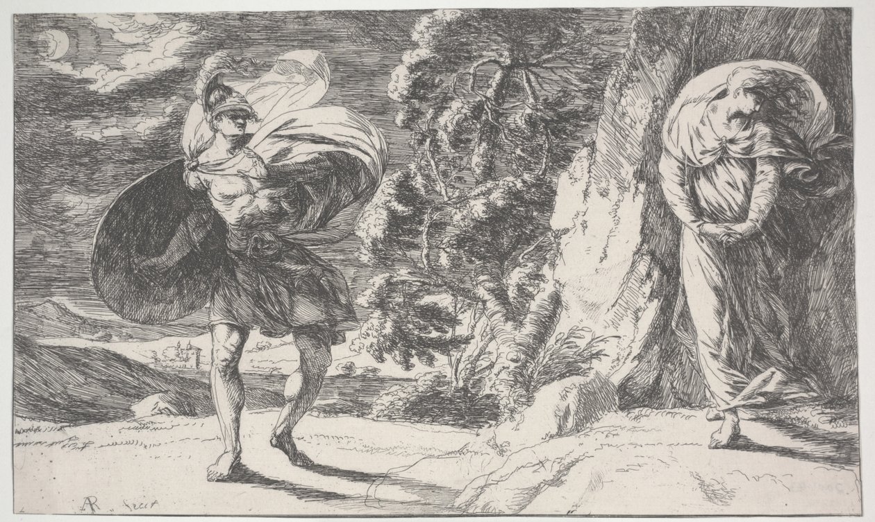 Fingal Encounters Carbon Carglass, pierwszy wydrukowany ok. 1773 (akwaforta) autorstwa Alexander Runciman