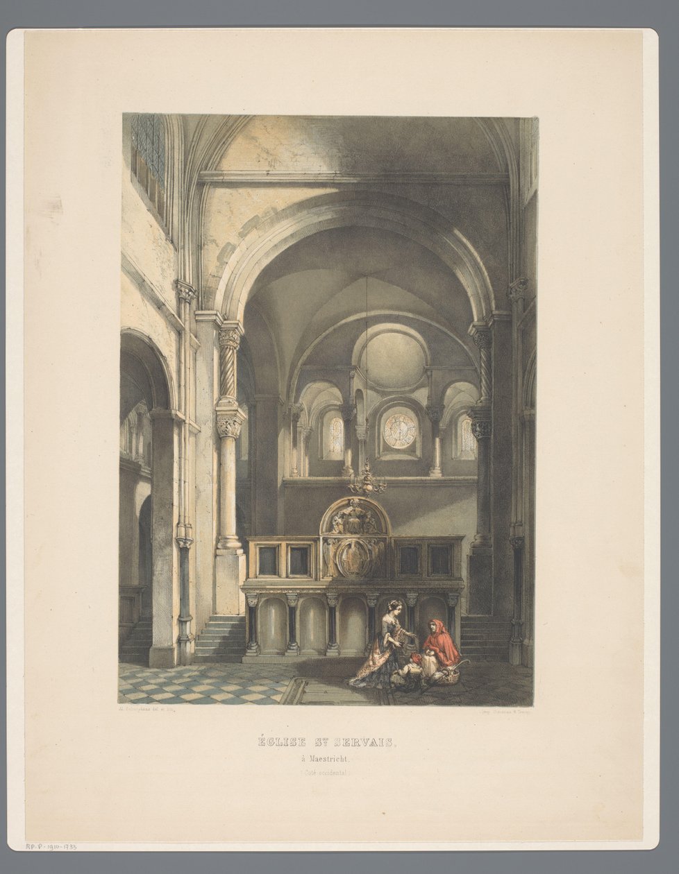 Wnętrze Sint-Servaasbasiliek te Maastricht Kościół St Servais, w Maestricht (strona zachodnia) (tytuł na obiekcie) Starożytne zabytki architektury od XI do XIII wieku w Limburgii (tytuł serii) autorstwa Alexander Schaepkens