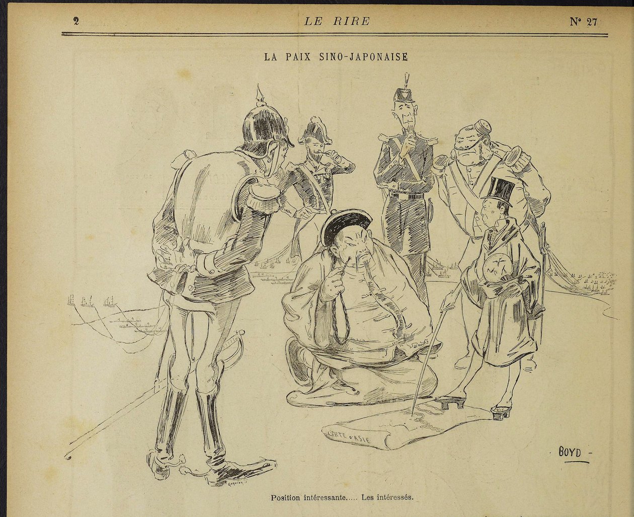 Chińsko-japoński pokój, ciekawa pozycja. Zainteresowani. Od: Le Rire, 11 maja 1895, 1895. autorstwa Alexander Stuart Boyd