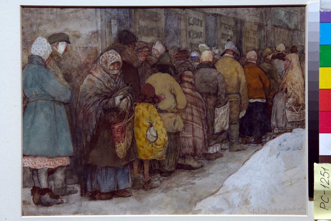 Kolejka w Rosji podczas głodu 1920-1921 - Grafika Aleksandra Iwanowicza Wachramejewa (1874-1926), ok. 1921 - Kolejka - Akwarela, kolor biały, czarna kreda na papierze Aleksandra Iwanowicza Wachramejewa (1874-1926), ok. 1921 - 22x29,5cm - autorstwa Alexander Vakhrameyev
