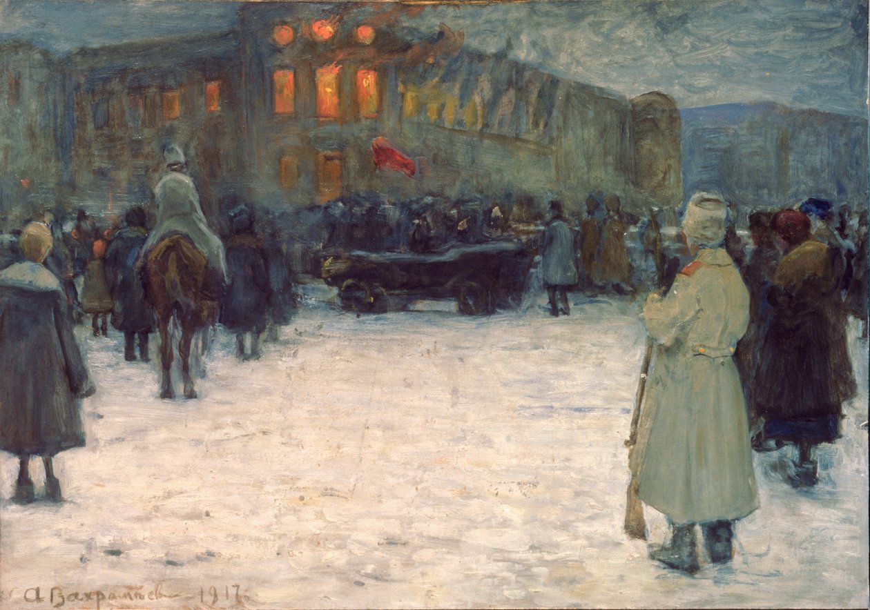 Pożar na zamku litewskim, rewolucja lutowa 1917, Sankt Petersburg - Praca Aleksandra Iwanowicza Wachramejewa (1874-1926), gwasz na papierze autorstwa Alexander Vakhrameyev