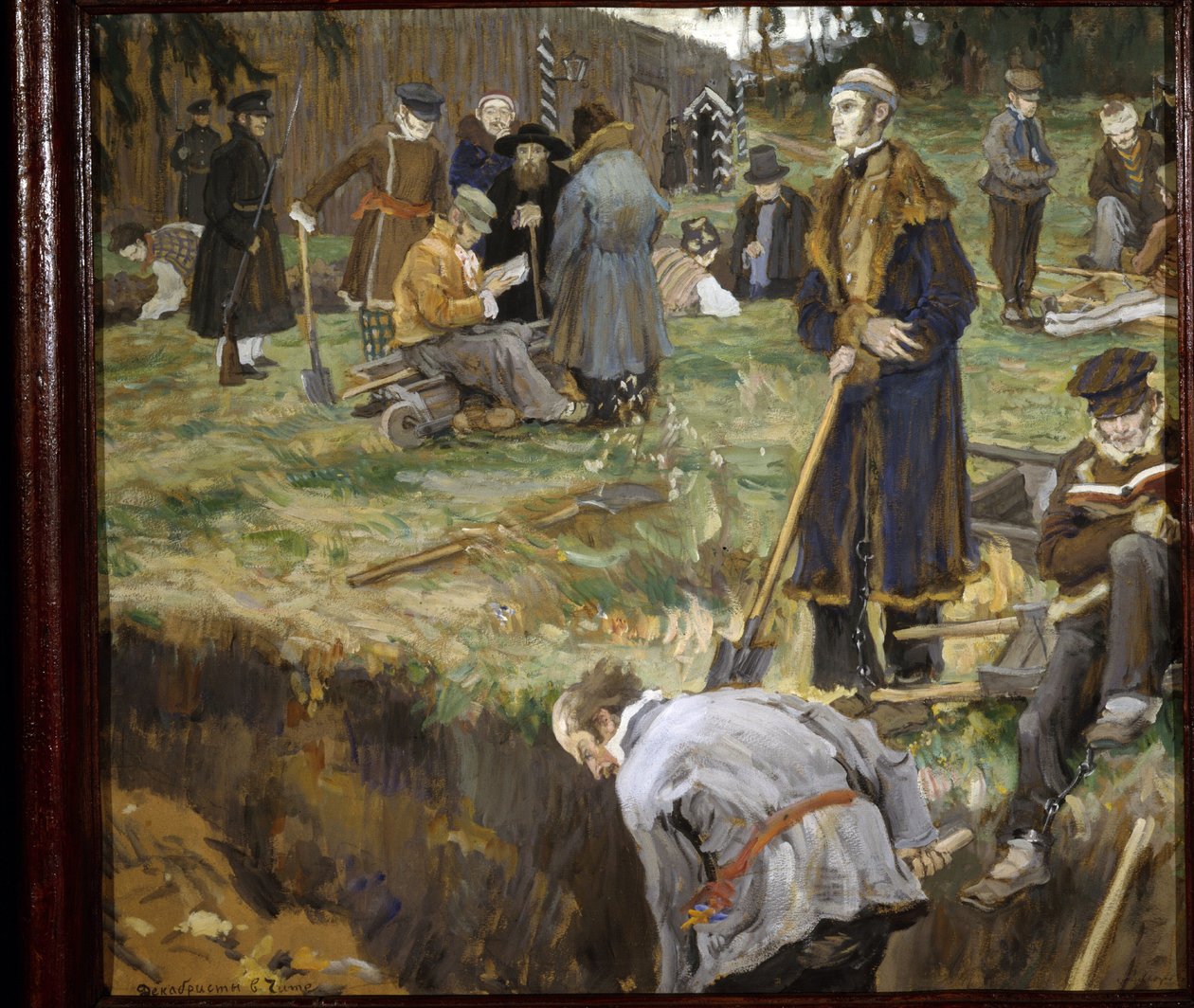 Dekabrystów (lub dekabrystów) (dekabryzm) skazanych na zesłanie w Czycie na Syberii po próbie zamachu stanu zorganizowanej 14 grudnia 1825 r. Obraz Aleksandra Wiktorowicza (Aleksander Wiktor) Morawow (1878-1951) autorstwa Alexander Viktorovich Moravov