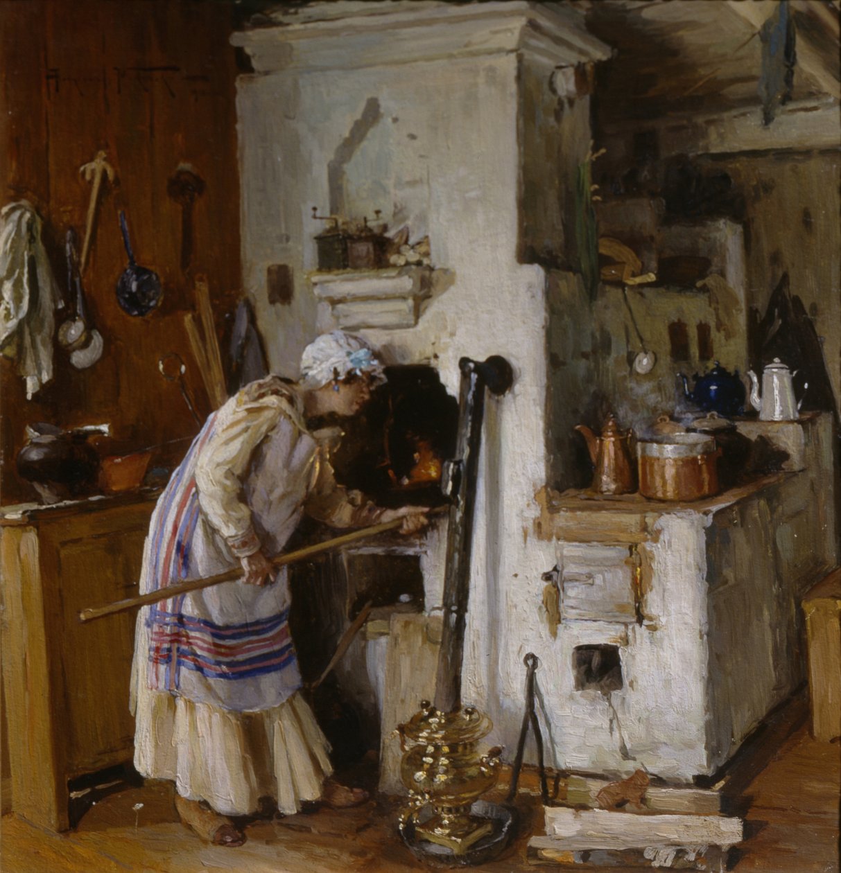 Nowe wyzwanie domowe. Przy piecu, 1918 autorstwa Alexander Vladimirovich Makovsky