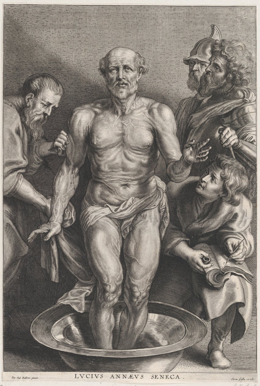 Śmierć Seneki, stojącego w centrum ze stopami w misce z wodą, support..., ca. 1655-78. autorstwa Alexander Voet