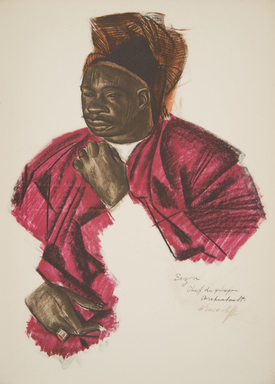 Bezou, lider grupy (Fort Archambault), z Rysunku i malarstwa Afryki, wykonany podczas wyprawy Citroen Centre Afrique, druga misja Haardt Audouin-Dubreuil, wyd. Paryż, 1927 (kolor autorstwa Alexander Yakovlev