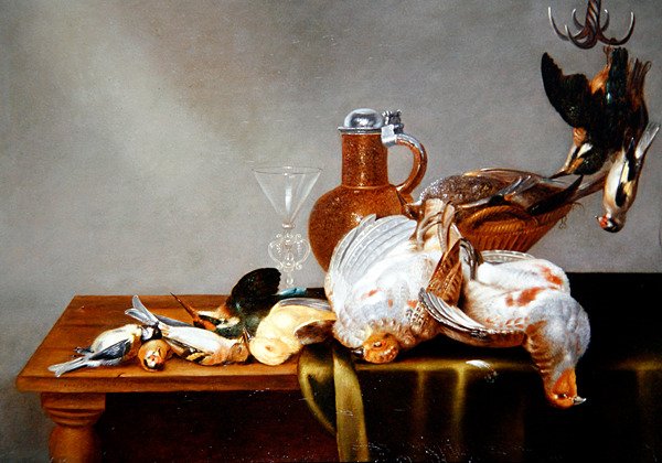 Martwa natura martwej zwierzyny z kuropatwami i innymi ptakami (olej na płycie) autorstwa Alexander van Adriaenssen