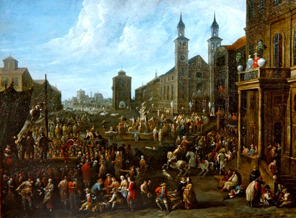 Scena targowa z ulicznymi wykonawcami i innymi postaciami (olej na płótnie) autorstwa Alexander van Bredael