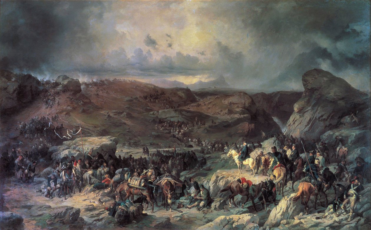 Armia Aleksandra Suworowa przekraczająca Przełęcz Świętego Gotarda, wrzesień 1799 XIX wiek. autorstwa Alexander von Kotzebue