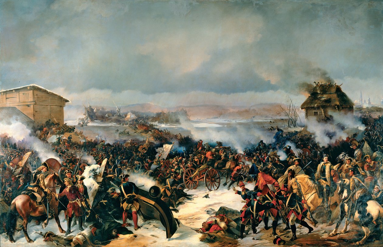 Bitwa pod Narwą, 19 listopada 1700. Epizod Wielkiej Wojny Północnej (1700-1721) między Szwecją a wszystkimi krajami bałtyckimi, Danią, Polską i Rosją. Obraz Aleksandra (Alexander) von Kotzebue (1815-1889), olej na płótnie autorstwa Alexander von Kotzebue