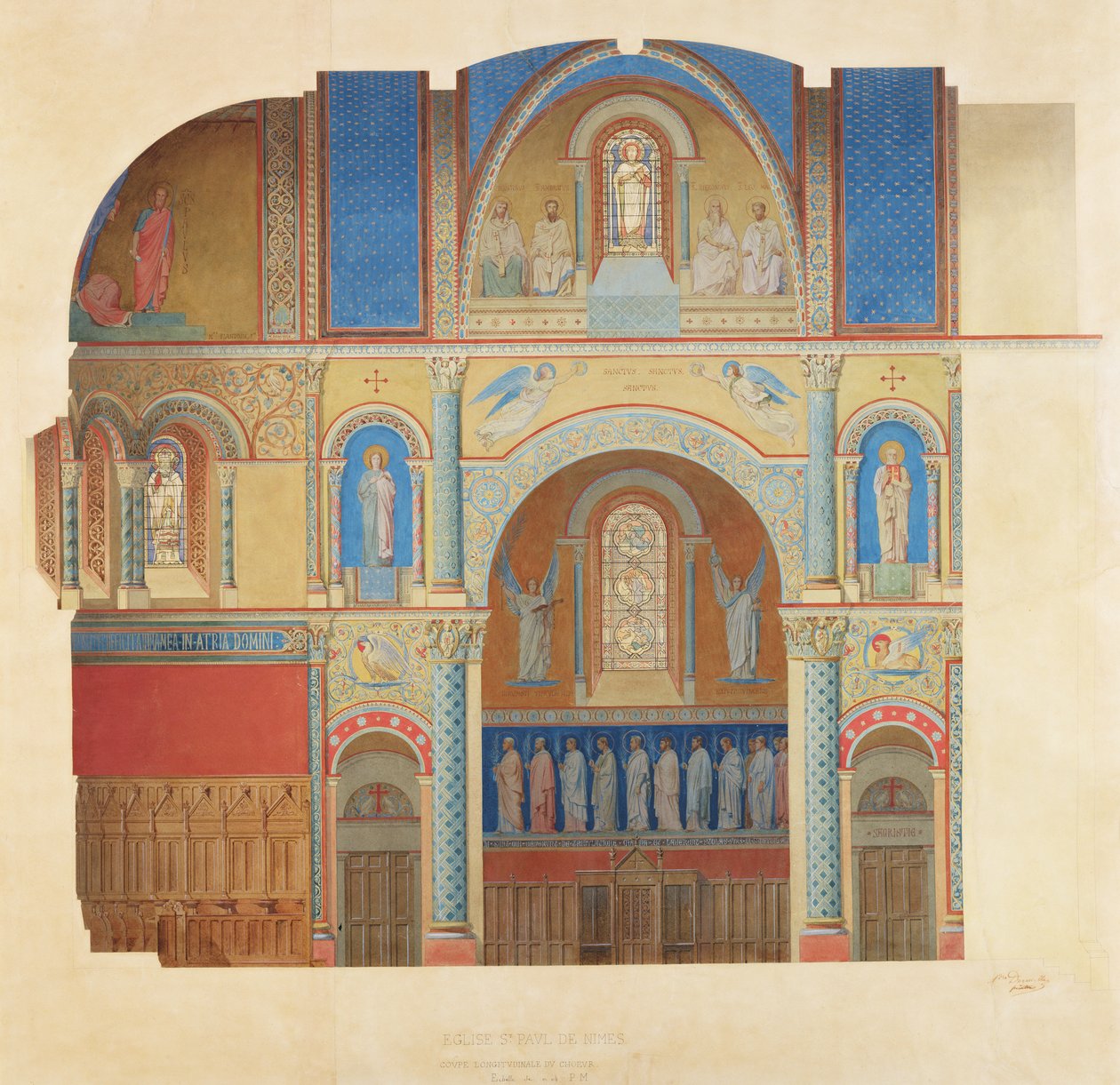 Kościół Saint-Paul, Nimes, przekrój podłużny chóru autorstwa Alexandre Dominique Denuelle