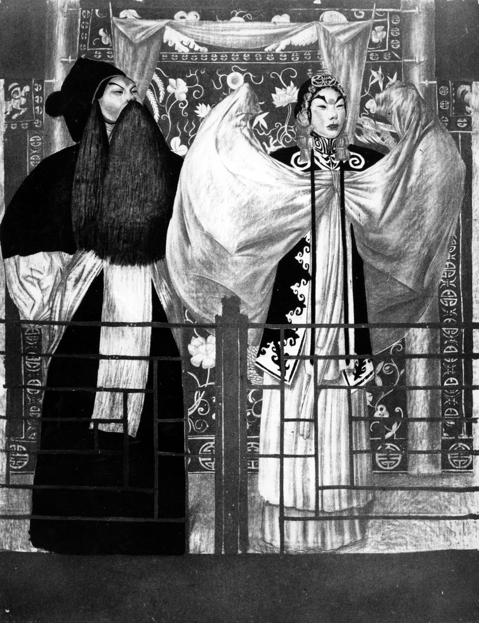 Scena ze sztuki Nan tien men, ilustracja z Le Théatre Chinois Tchou-Kia-Kien, wydanej w Paryżu 1922 litho autorstwa Alexandre Jacovleff
