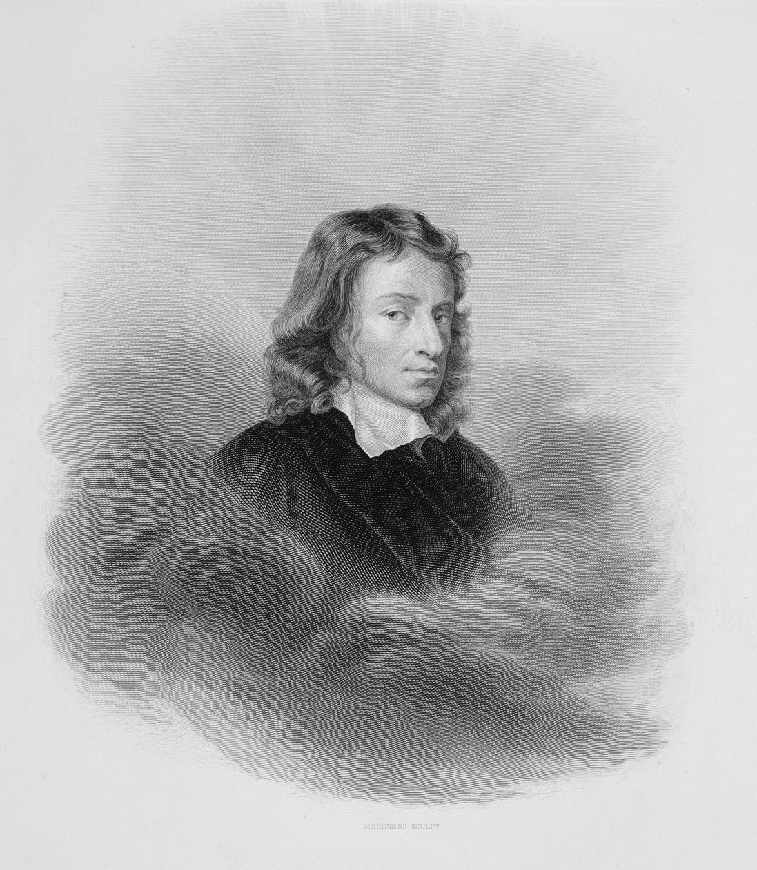 Portret Johna Miltona (1608-1674) wyryty przez artystę autorstwa Alexandre Vincent Sixdeniers