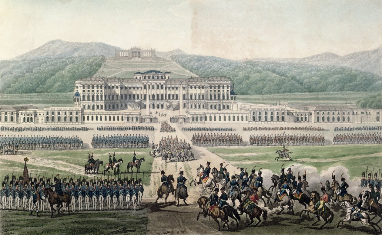 Przybycie Napoleona Bonaparte (1769-1821) do Schloss Schonbrunn, rytowane przez Aubertina, c.1820 autorstwa Alexandre de la Borde