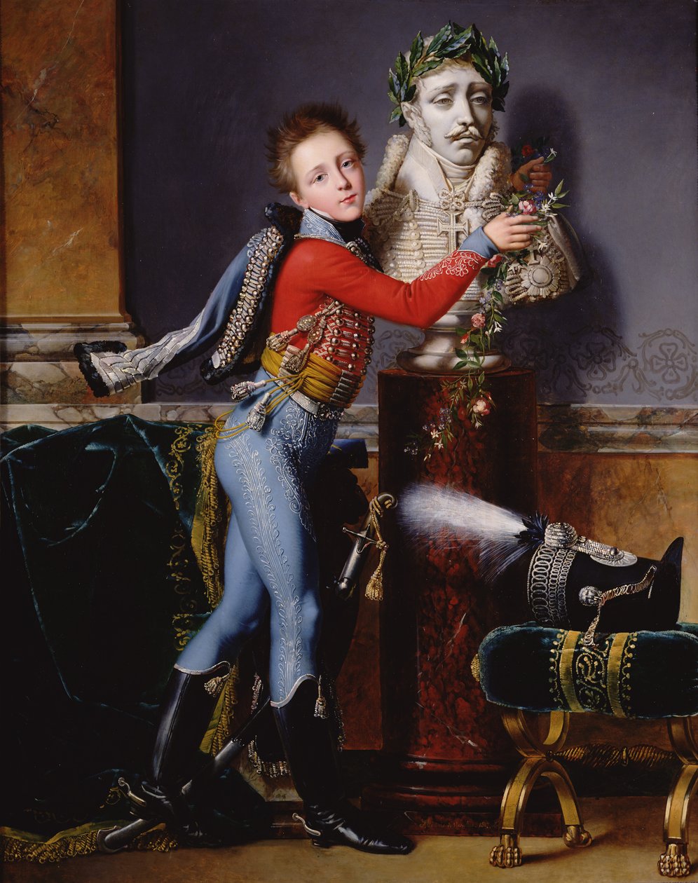 Portret Edouarda Cesara de Laborde przystrojonego kwiatami popiersia ojca, 1817 olej na płótnie autorstwa Alexandre Jean Dubois Drahonet