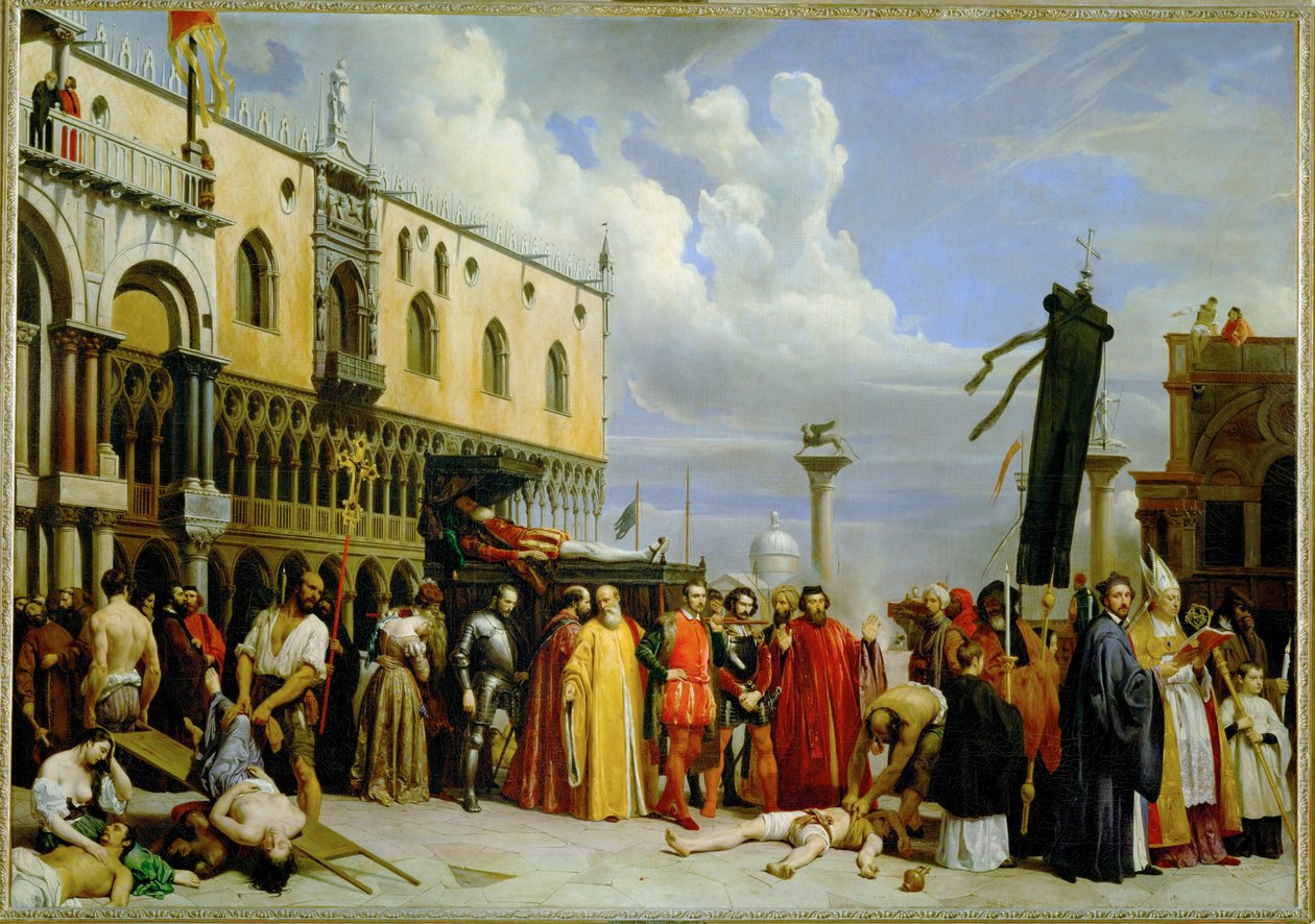 Uroczystości pogrzebowe Tycjana, zmarłego w Wenecji podczas zarazy w 1576 r. - Uroczystości pogrzebowe Tycjana ... autorstwa Alexandre-Jean-Baptiste Hesse