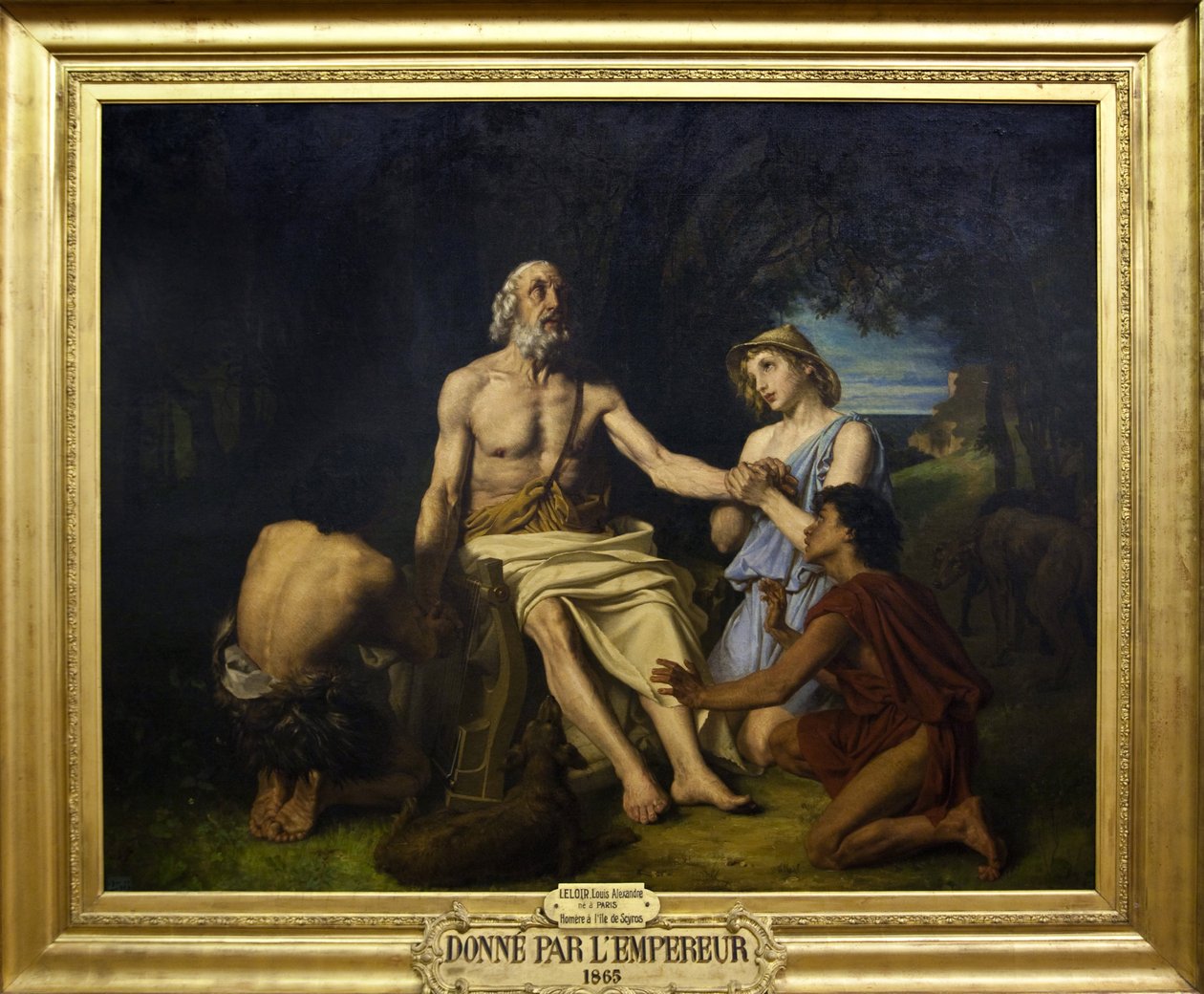 Przedstawienie Homera, greckiego poety z IX wieku p.n.e. na wyspie Scyros Obraz Jean-Baptiste Auguste Leloir (1809-1892) (Jean Baptiste) 1865 Homer na wyspie Scyros, obraz Alexandre Louis Leloir autorstwa Alexandre Louis Leloir