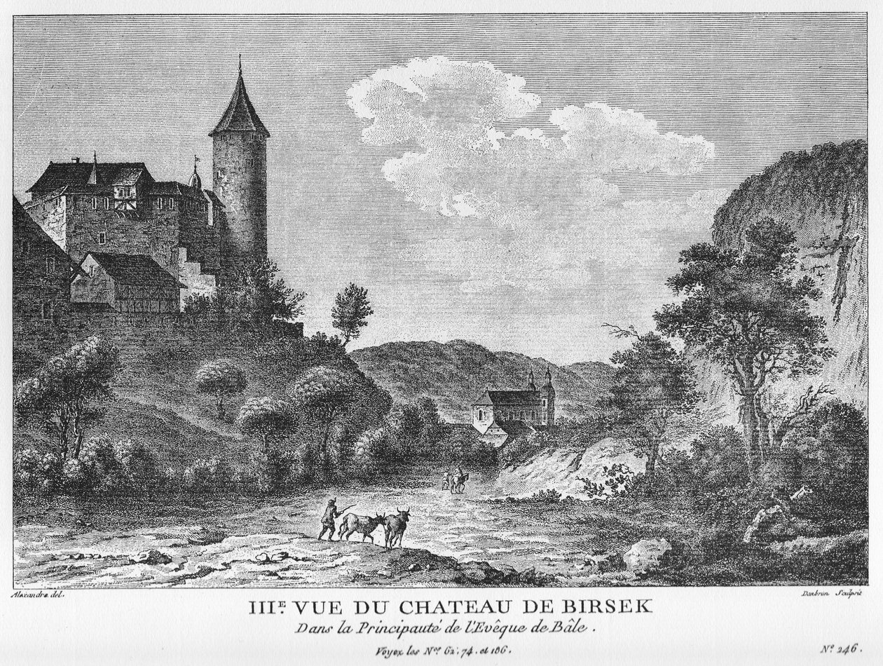 III Widok Caſtle of Birseck w Prince-Biſhopric w Bazylei. Miedziany grawer Jean Danbrun według rysunku Alexandre autorstwa Alexandre, Jean Danbrun