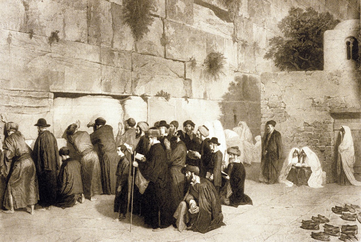 Naród żydowski przy Ścianie Płaczu, Jerozolima, c.1880 (grawerowanie) autorstwa Alexandre (after) Bida
