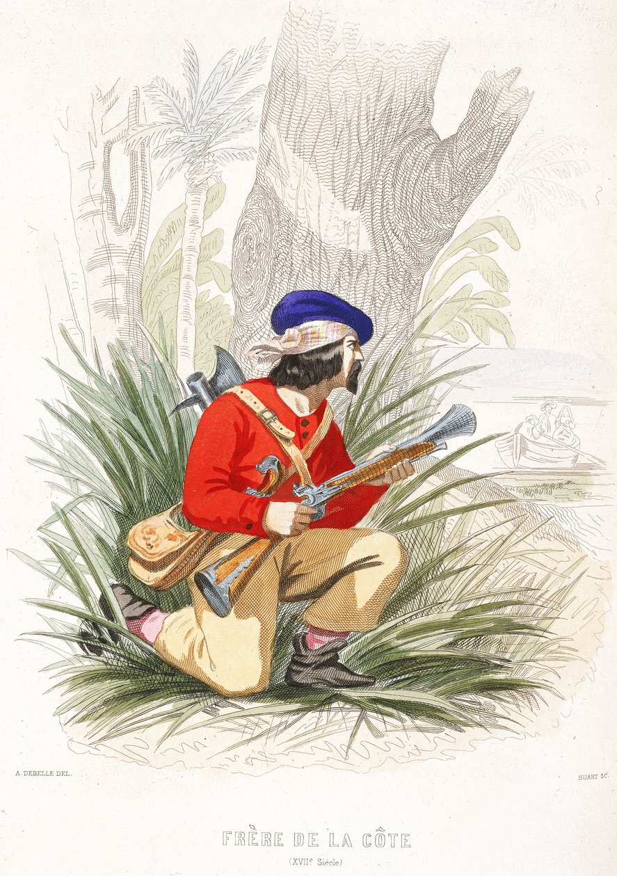 Pirat przygotowuje się do zasadzki, połowa XIX wieku (kolorowy grawerunek) autorstwa Alexandre (after) Debelle