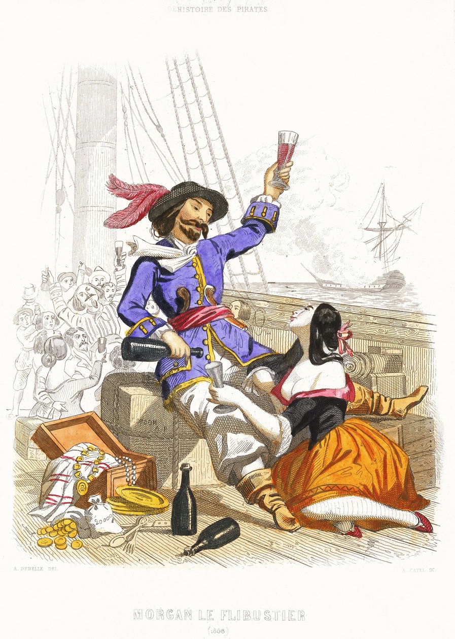 Kapitan Henry Morgan raczy się winem i kobietami w prawdziwie pirackim stylu, połowa XIX wieku (kolorowy grawerunek) autorstwa Alexandre (after) Debelle