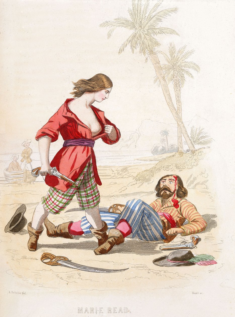 Mary Read pokazuje się pokonanemu wrogowi, połowa XIX wieku (kolorowa rycina) autorstwa Alexandre (after) Debelle