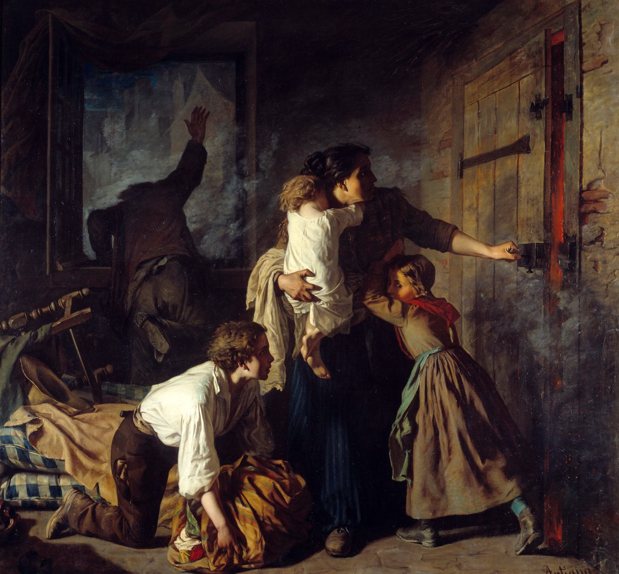 Scena pożaru. Rodzina tkwiąca w ich mieszkaniu próbuje uciec przed pożarem budynku. Ojciec rodziny woła o pomoc z okna. Obraz Aleksandra Antigna (1817 - 1878) autorstwa Alexandre Antigna