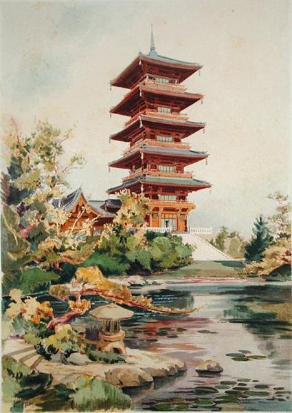 Japońska wieża w parku królewskim w Laeken, Belgia, z Orientalisme et Architecture Contemporaine, rytowana przez Julesa Adolphe Chauveta (ur. 1828) (patrz także 171915, 172965, 172990) autorstwa Alexandre Auguste Louis Marcel