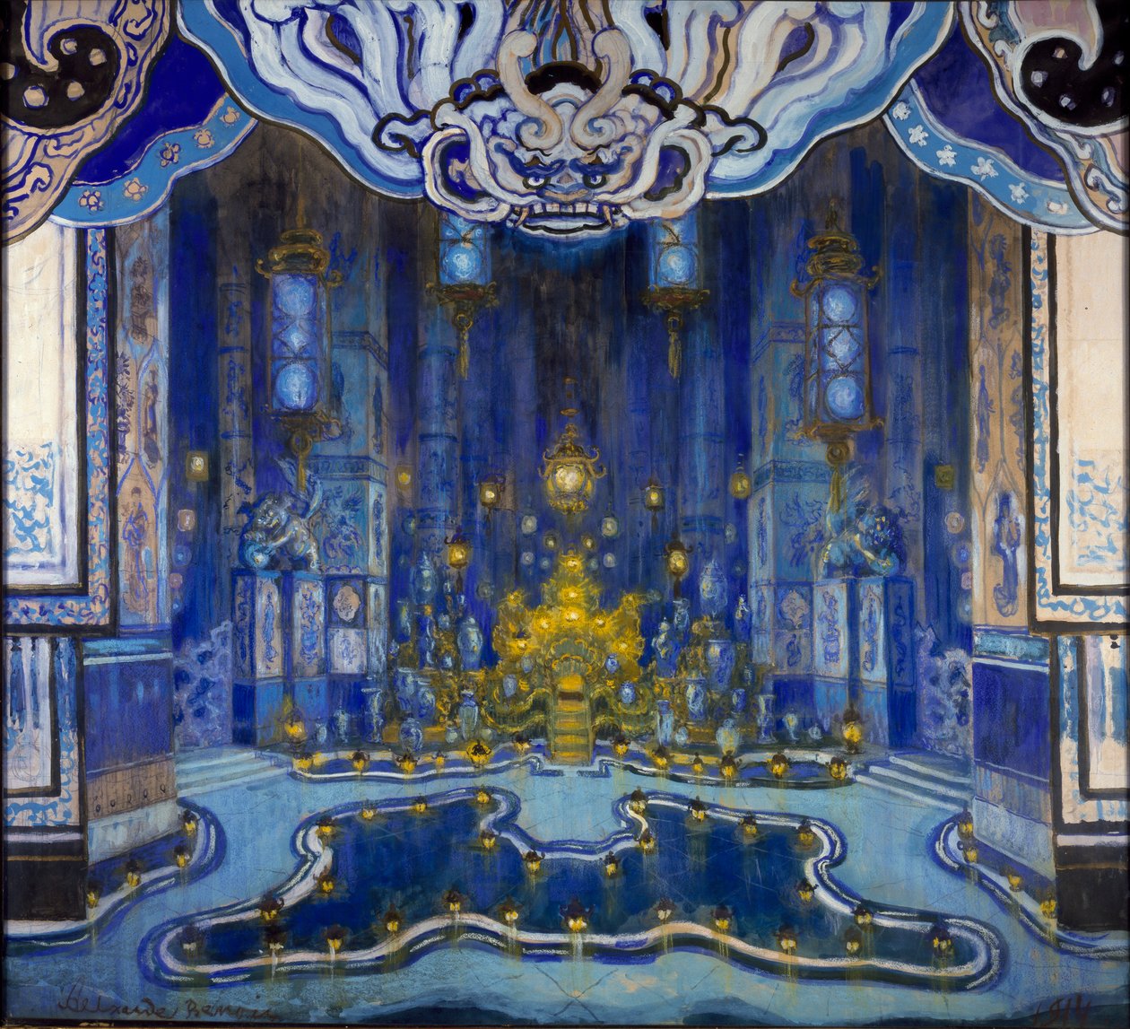 Projekt dekoracji „La Salle du Trone” w „Le Rossignol”, 1914 autorstwa Alexandre Benois