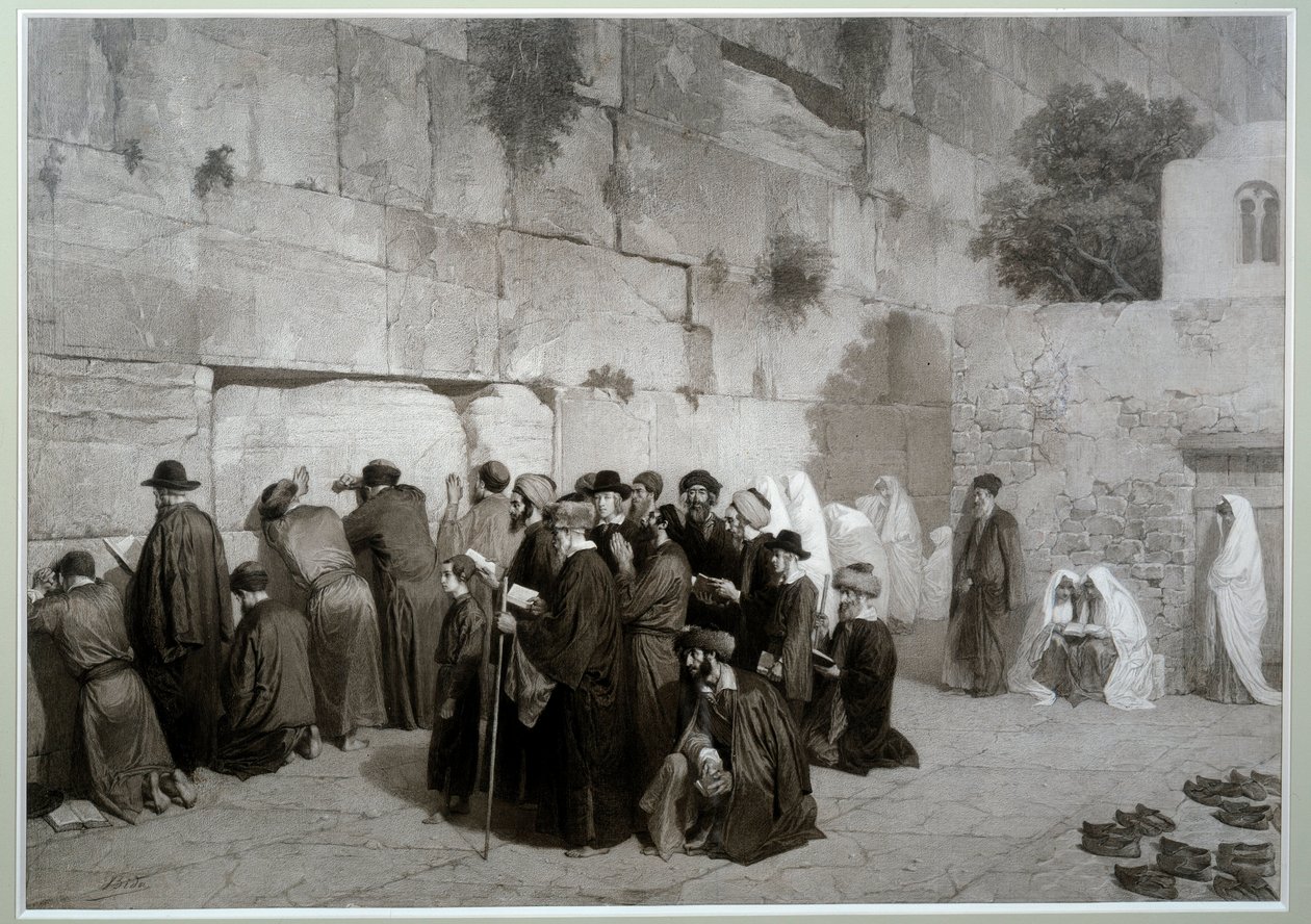 Judaizm: „”Ściana Salomona”””Mężczyźni i kobiety religii żydowskiej modlący się przed Ścianą Płaczu. Przed 1857 r. Rysunek Alexandre Bida (1823-1895), pranie, długopis i ołówek na papierze, wym. 0,61x0,87 m Malmaison, muzeum zamku autorstwa Alexandre Bida