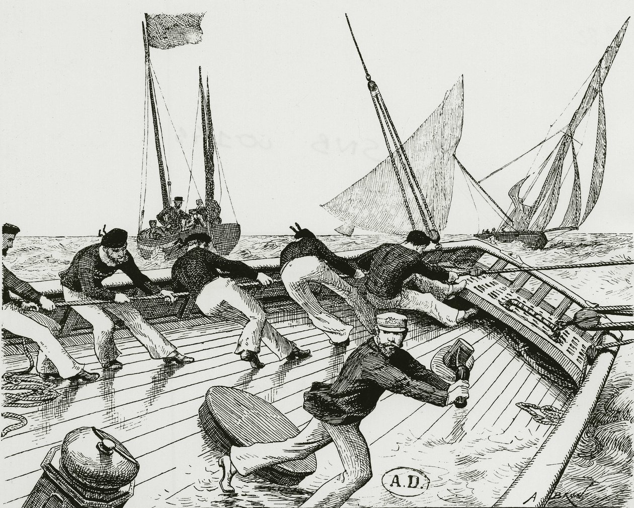 Wyścig żeglarski: Le turn du Bateau-Buoée - rysunek A. Brun, Biblia. Art deco. autorstwa Alexandre Brun