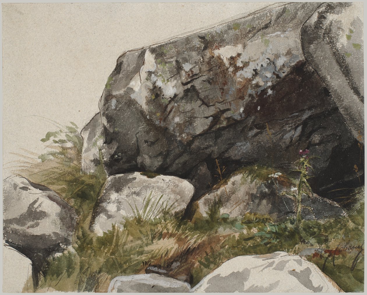 Skalisty krajobraz (akwarela z tuszem i węglem) autorstwa Alexandre Cabanel