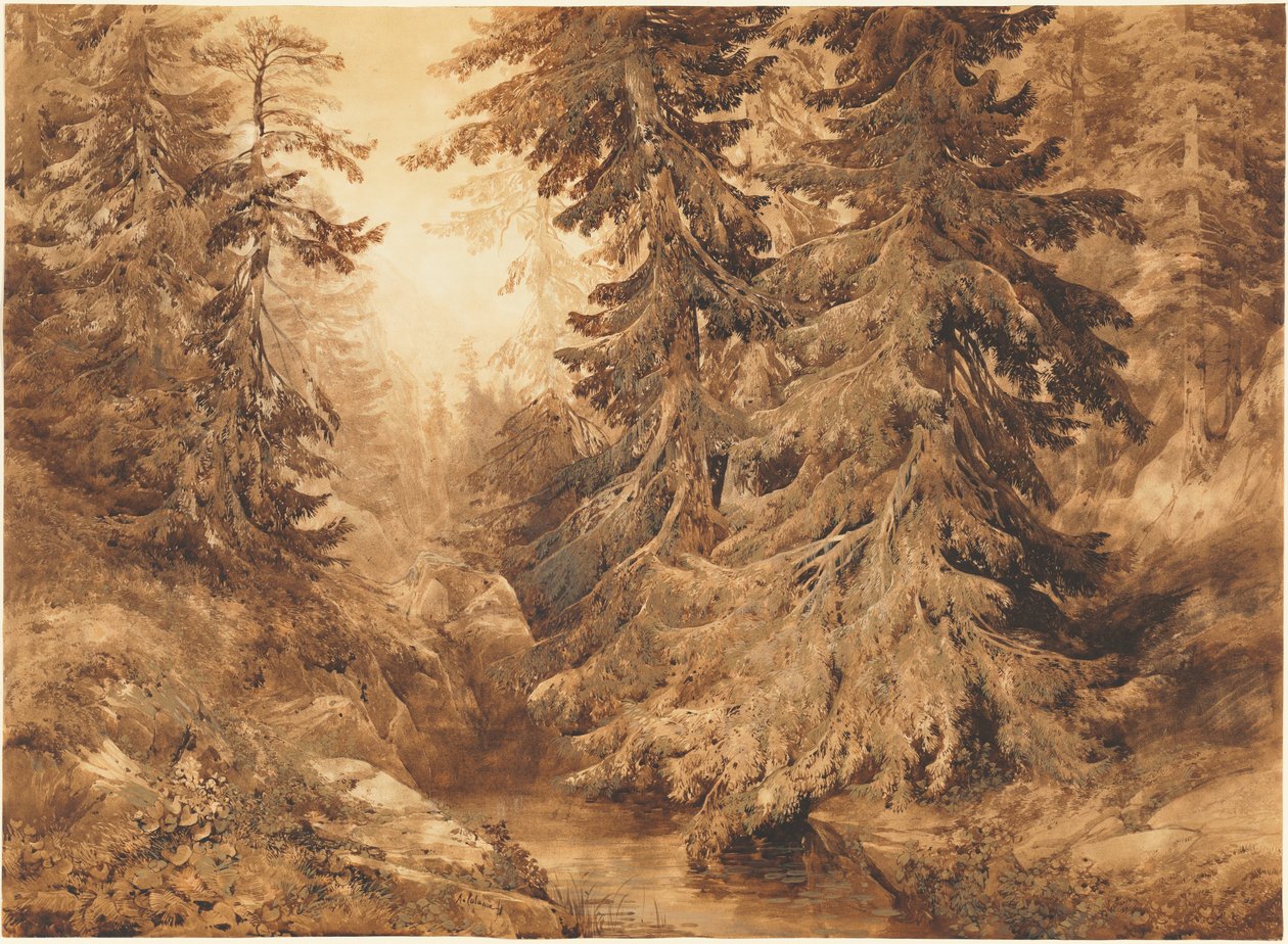 Starożytny las sosnowy z górskim potokiem autorstwa Alexandre Calame