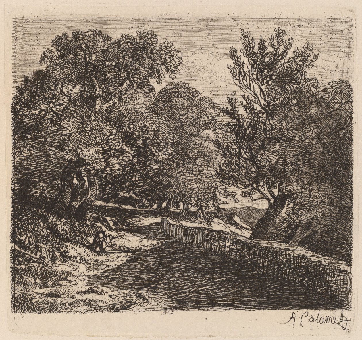 Mężczyzna odpoczywa przy kamiennej ścianie autorstwa Alexandre Calame