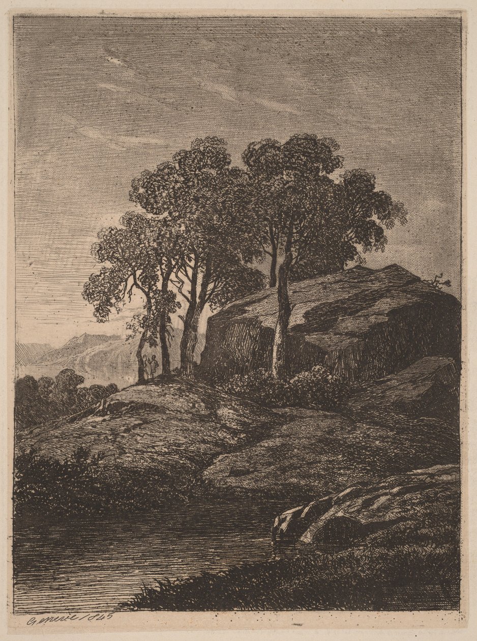 Drzewa przy skale autorstwa Alexandre Calame